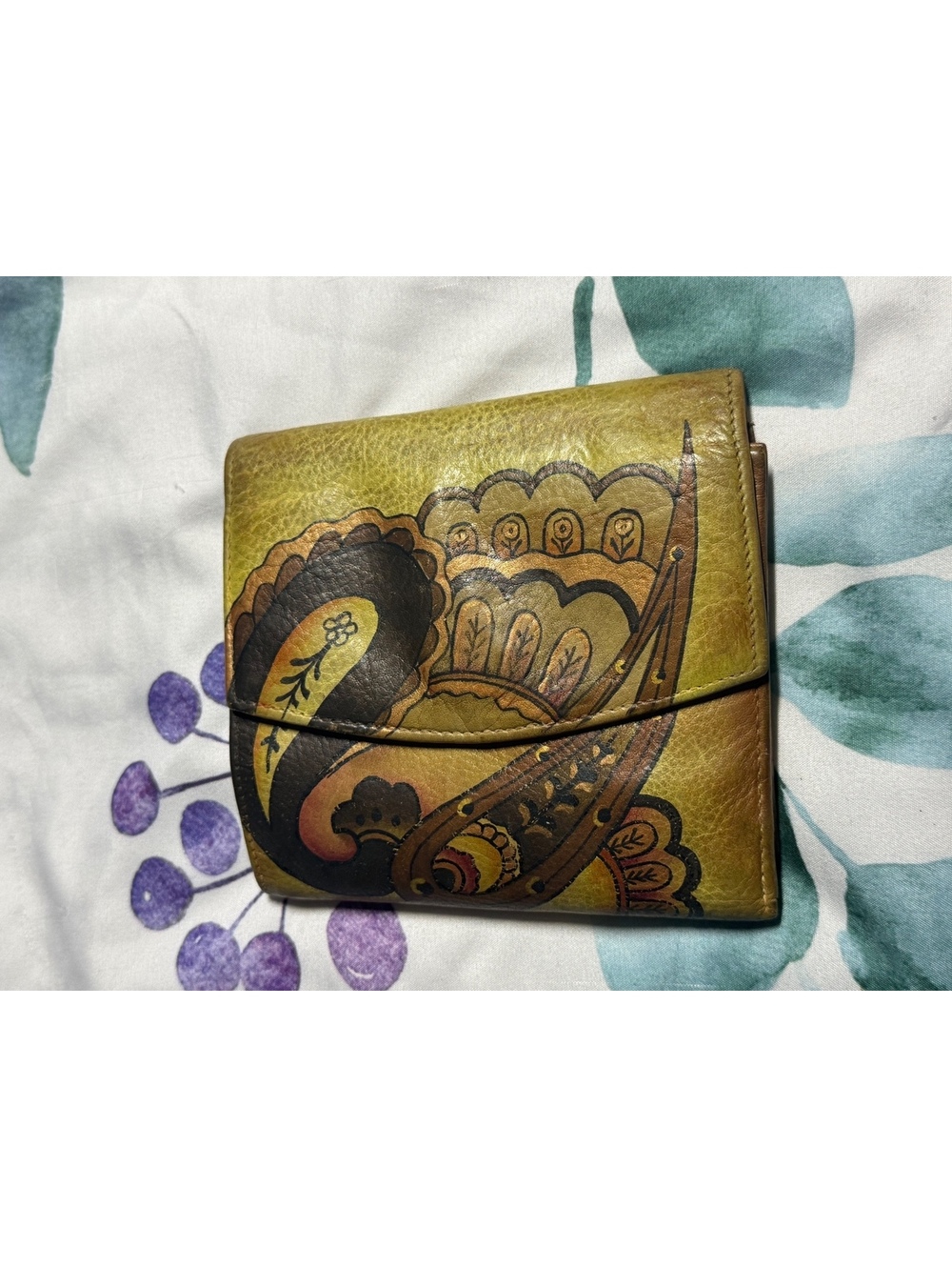Anuschka Hand-Painted Leather Wallet with Paisley Design - Boho